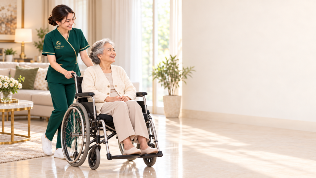 Ilustrasi caregiver Seranaya mendampingi lansia